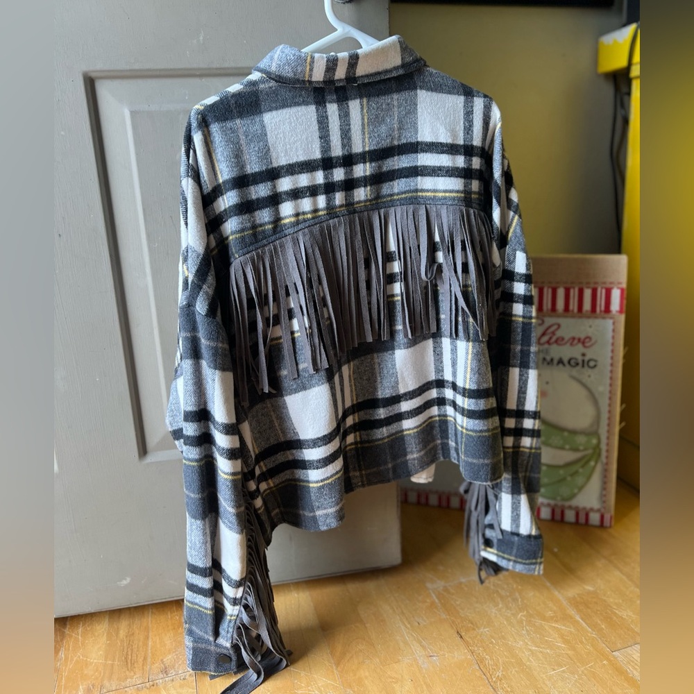 Vocal boutique made in USA Gray and White Plaid flannel full fringe jacket